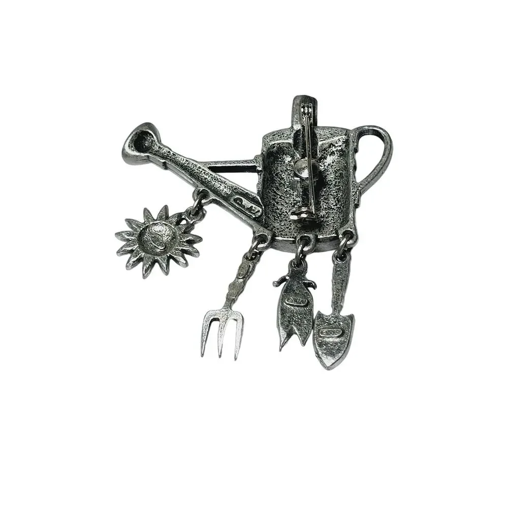 JJ Jonette Watering Can Brooch Dangle Gardening Charms Pewter Vintage Whimsical